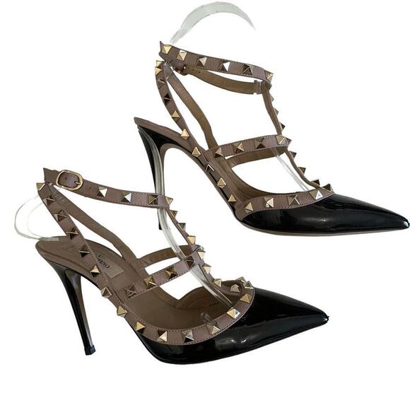 Valentino Garavani Heels Pointed Toe Rockstud‎ Studded Black Beige Patent 37 - Picture 3 of 8